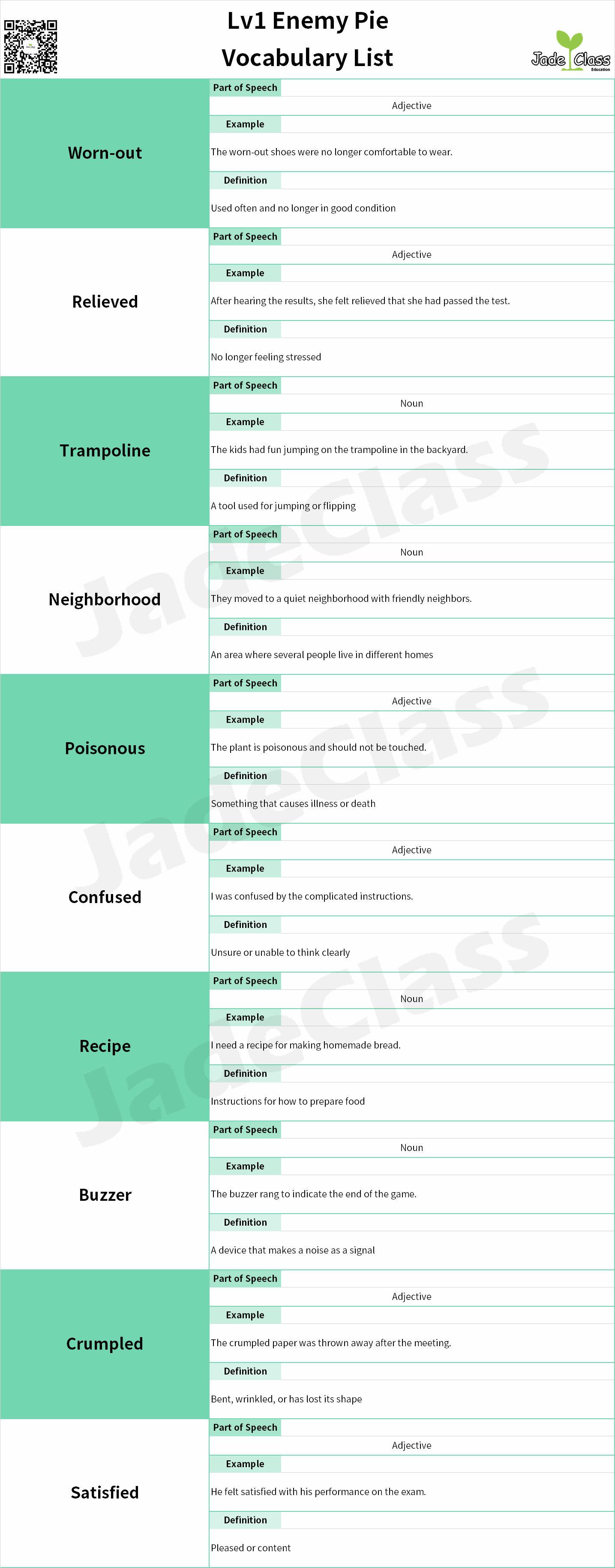 Enemy Pie - Vocabulary List